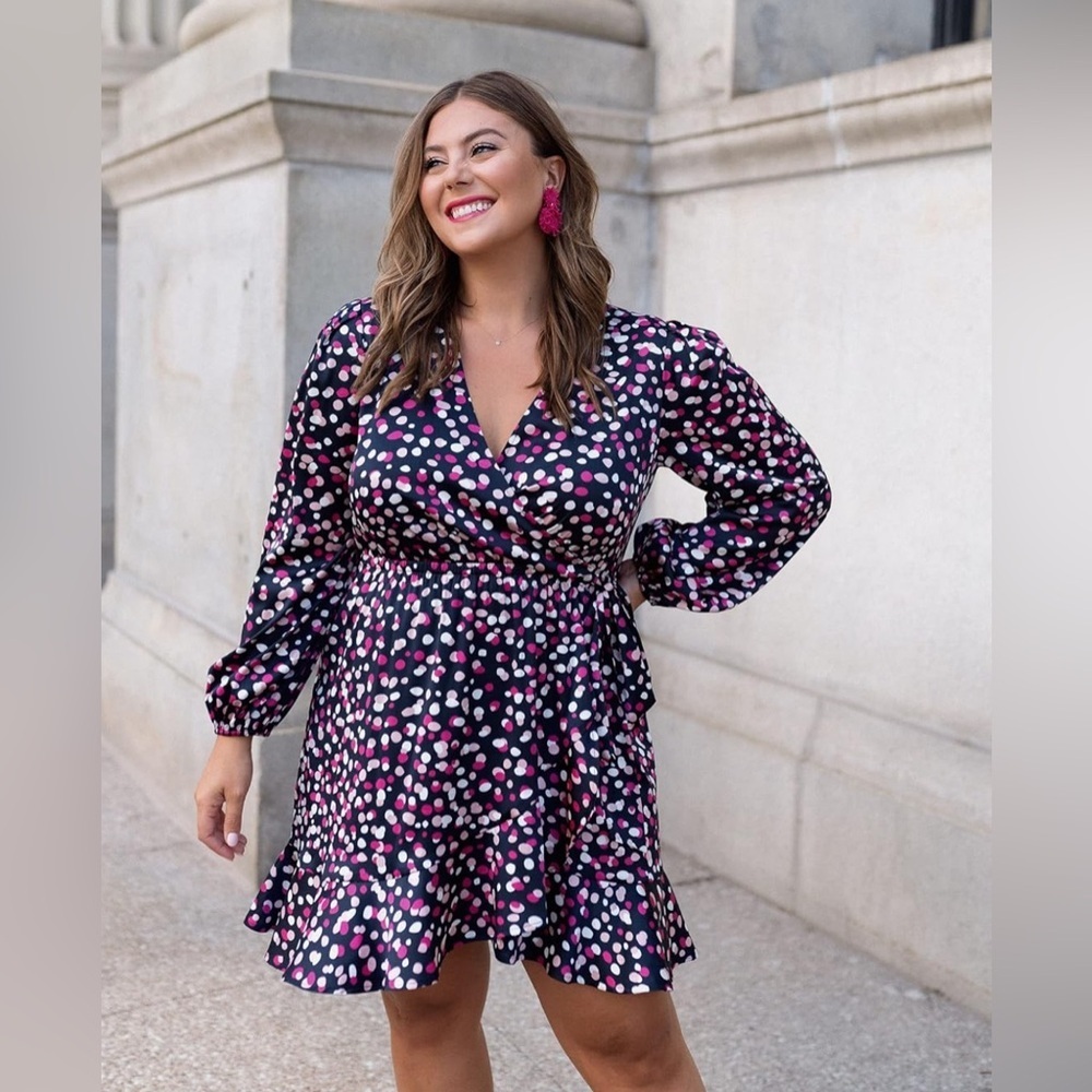 The Drop Pink Polka Dot Abstract Print Faux Wrap Long Sleeved Dress Size XL NWT